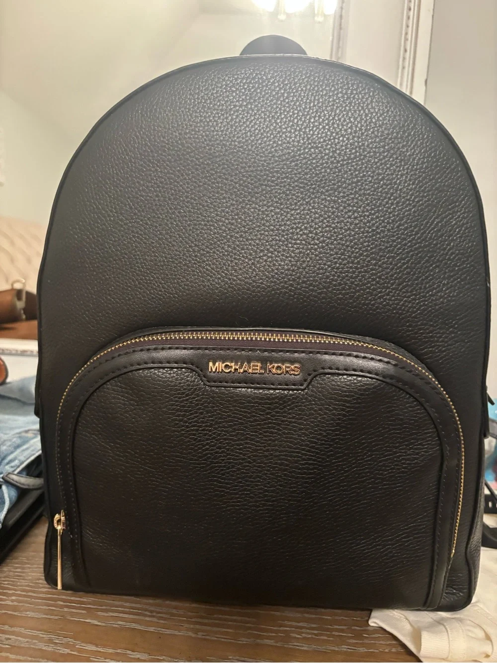 Michael Kors Black Pebbled Leather Backpack with Gold Accents